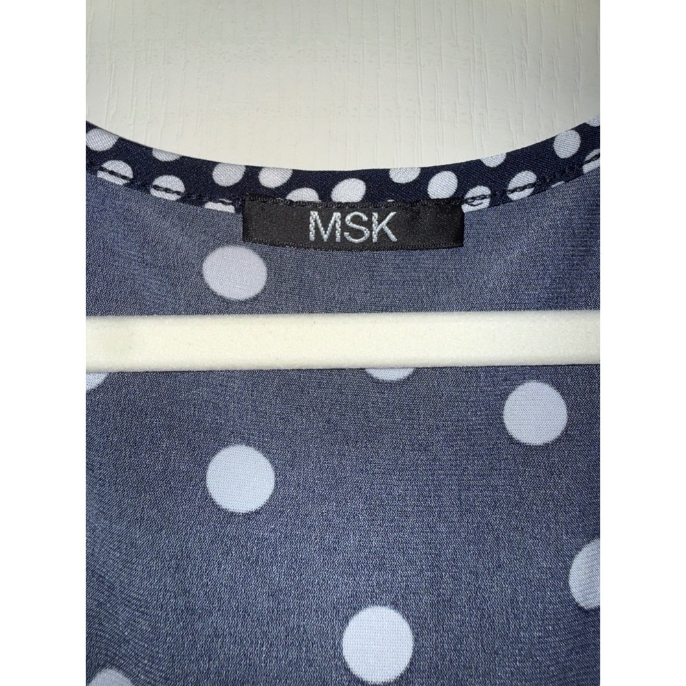 MSK Womens Navy Blue White Polka Dot Empire Waist Ruffle Hem Dress Sleeveless - Picture 2 of 4